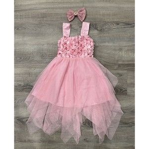 POPATU Girl’s Dress Sz 5 Pink Sparkly Tulle Satin Tie Back Bow Sequin Hair Bow